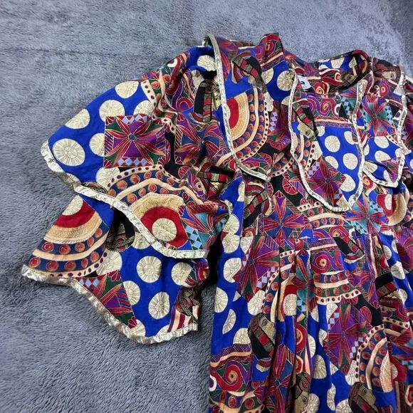 FAD Vtg 80s Womens XL Egyptian Pharaoh Art Print Blouse Tiered Sleeve Top - Picture 4 of 9